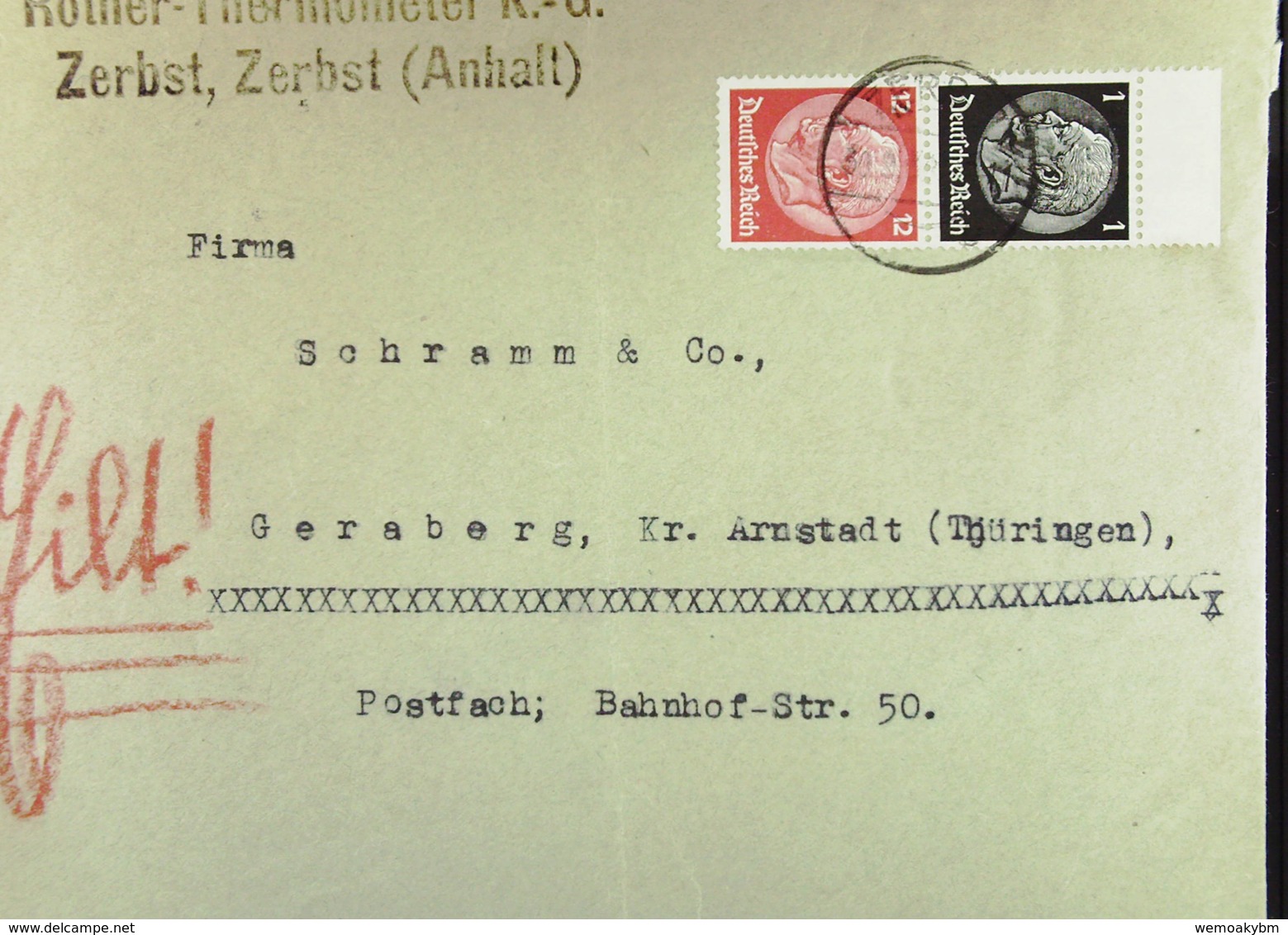 DR: Fern-Brief Mit 1 Und 12 Pf "Hindenburg" Senkr. Zusdr. OR  Knr: S 147 - Briefe U. Dokumente