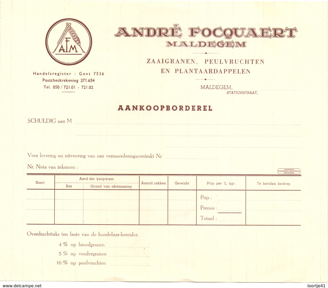 Factuur Facture - Zaaigranen André Focquaert - Maldegem - Agriculture