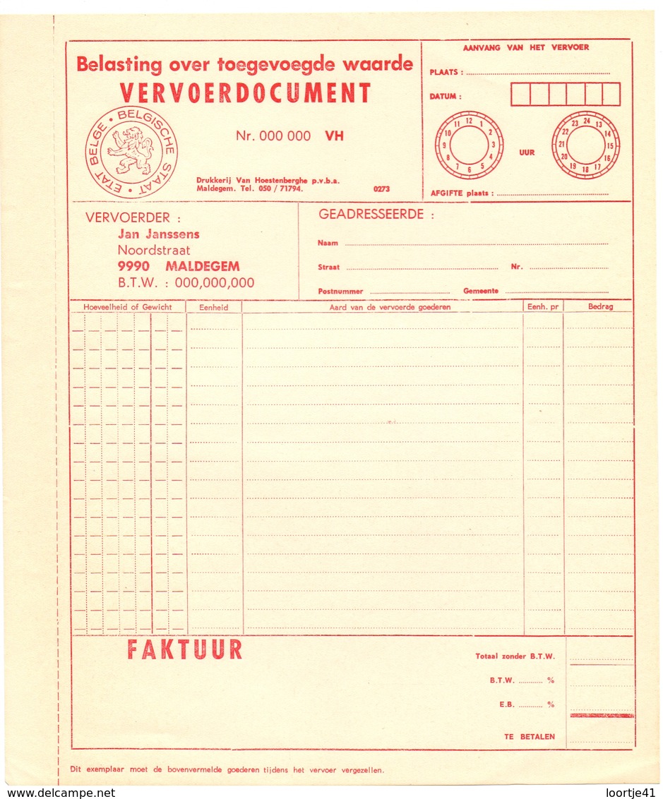 Factuur Facture - Vervoer Jan Janssens  - Maldegem - Transports