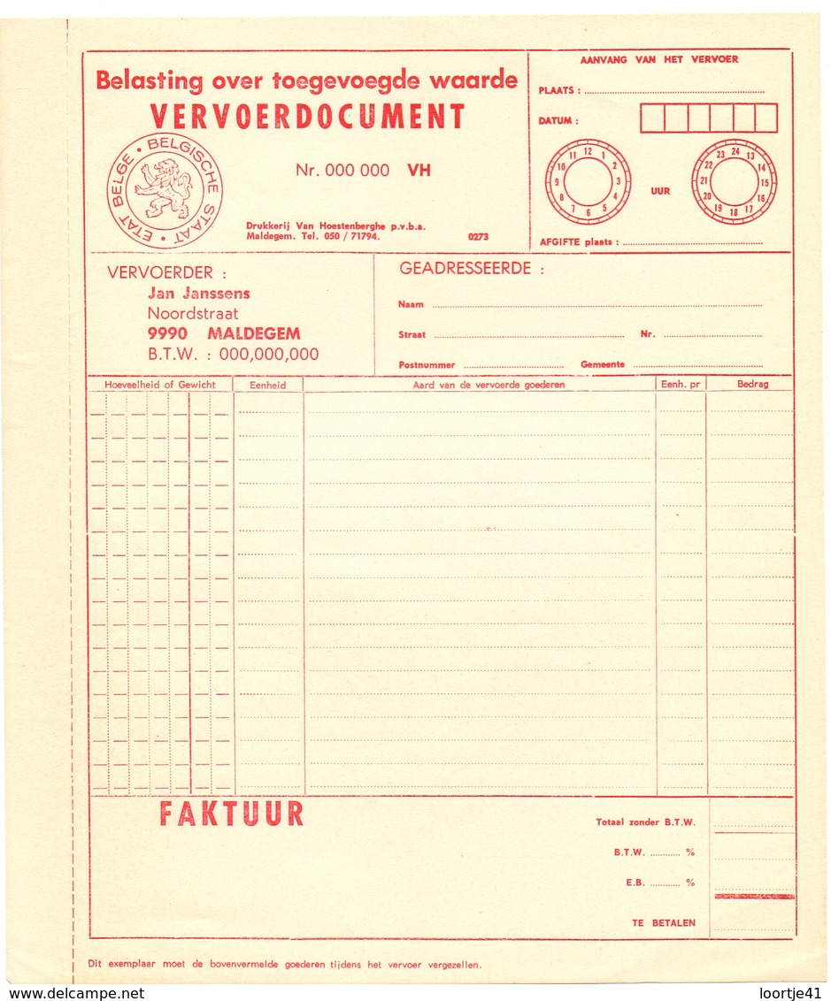 Factuur Facture - Vervoer Jan Janssens  - Maldegem - Transportmiddelen
