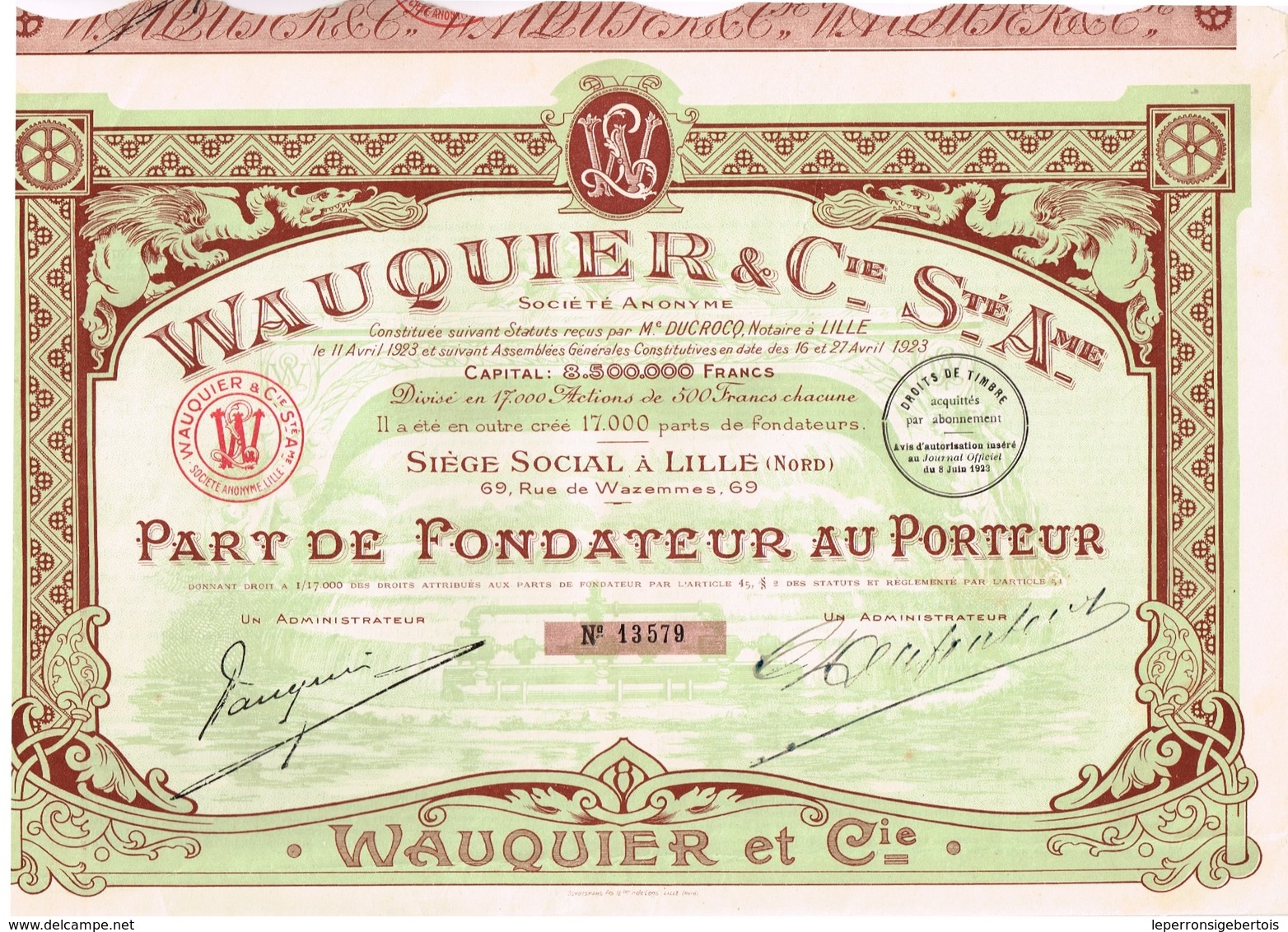 Titre Ancien - Wauquier & Cie - Société Anonyme - Lille - Titre De 1923 - - Industrie