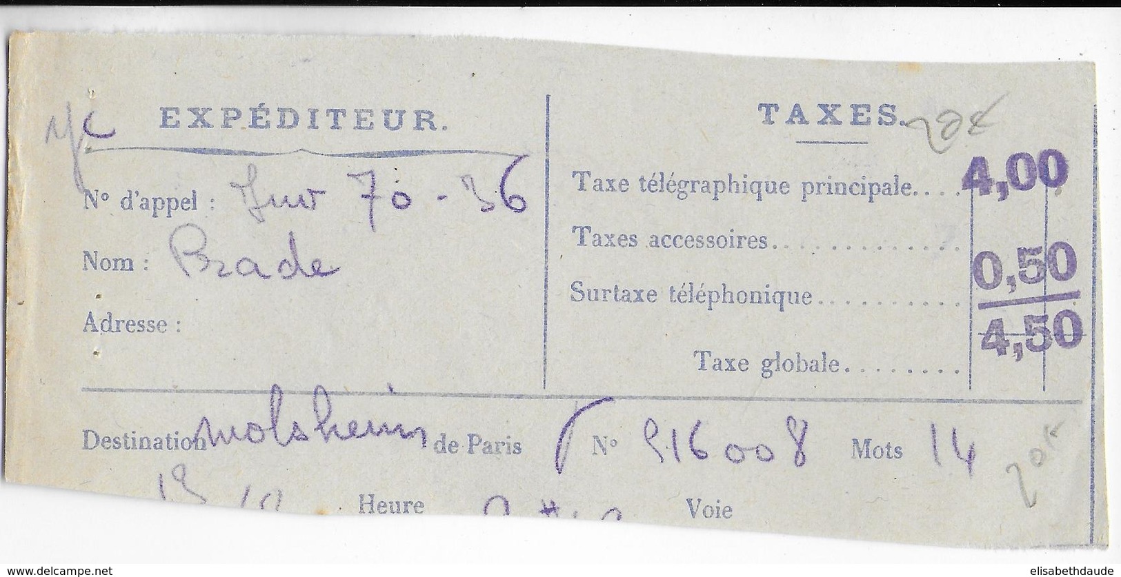 1939 - CACHET De PARIS CENTRAL TELEGRAPHE Au DOS De RECU TAXE TELEGRAPHIQUE D'un TELEGRAMME => MOLSHEIM (BAS-RHIN) - 1921-1960: Période Moderne