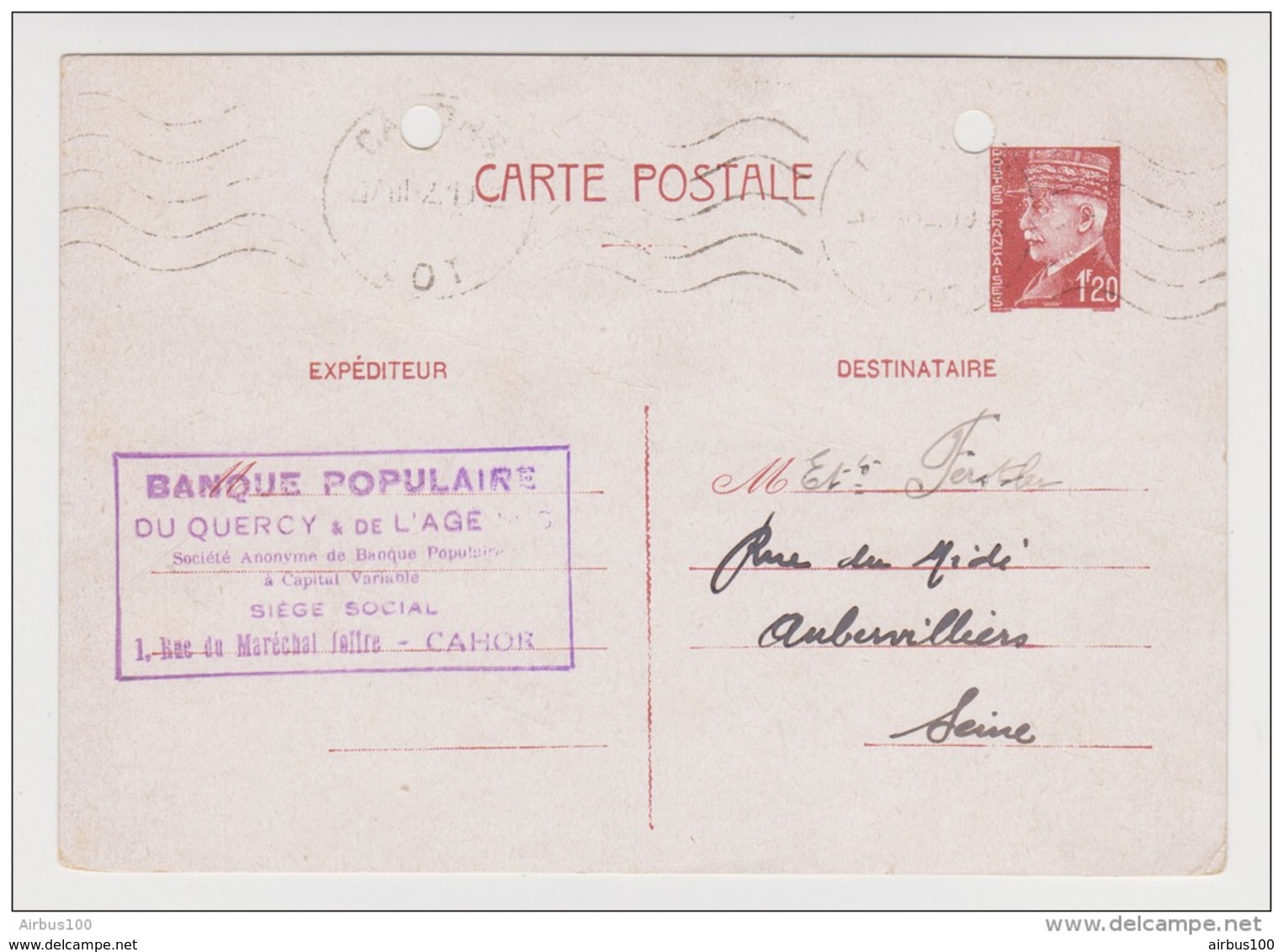 CP ENTIER POSTAL TYPE PÉTAIN 1F20 CAHORS LOT 7 MARS 1942 → AUBERVILLIERS  TAMPON BANQUE POPULAIRE DU QUERCY CAHORS - Cartes Postales Types Et TSC (avant 1995)