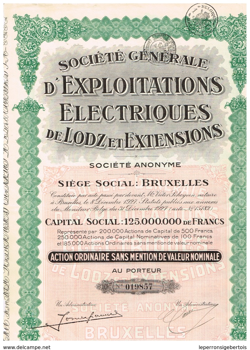 Titre Ancien - Société Générale D'Exploitations Electriques De Lodz Et Extensions - Titre De 1927 - - Elektriciteit En Gas