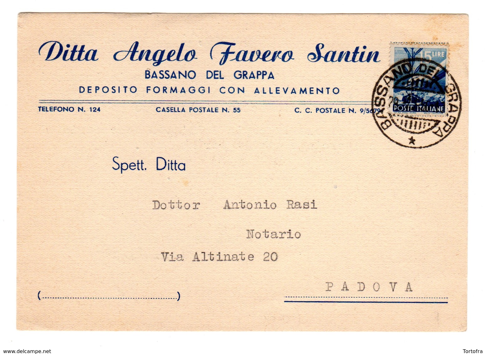 BASSANO DEL GRAPPA DITTA ANGELO FAVERO SANTIN DEPOSITO FORMAGGI CON ALLEVAMENTO  1950 - Vicenza