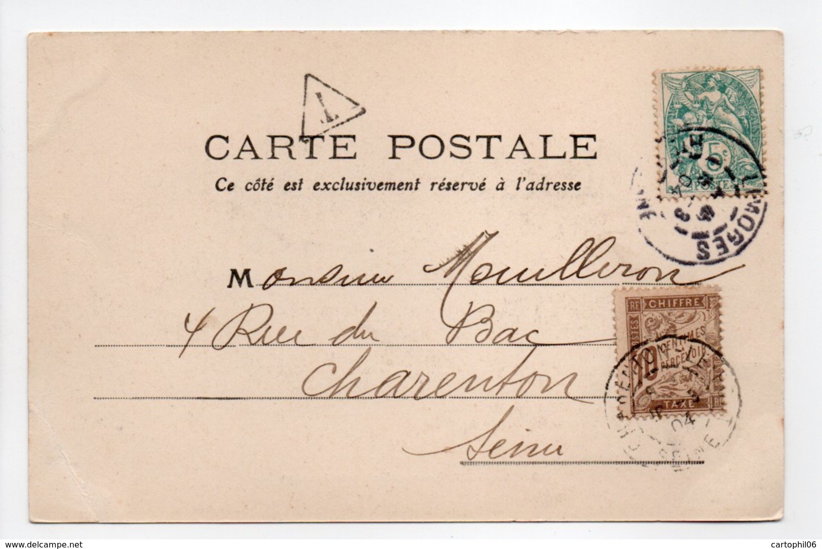 - Carte Postale LIMOGES Pour CHARENTON 15.3.1904 - TAXÉE 10 C. Brun Type Duval - - 1859-1959 Lettres & Documents