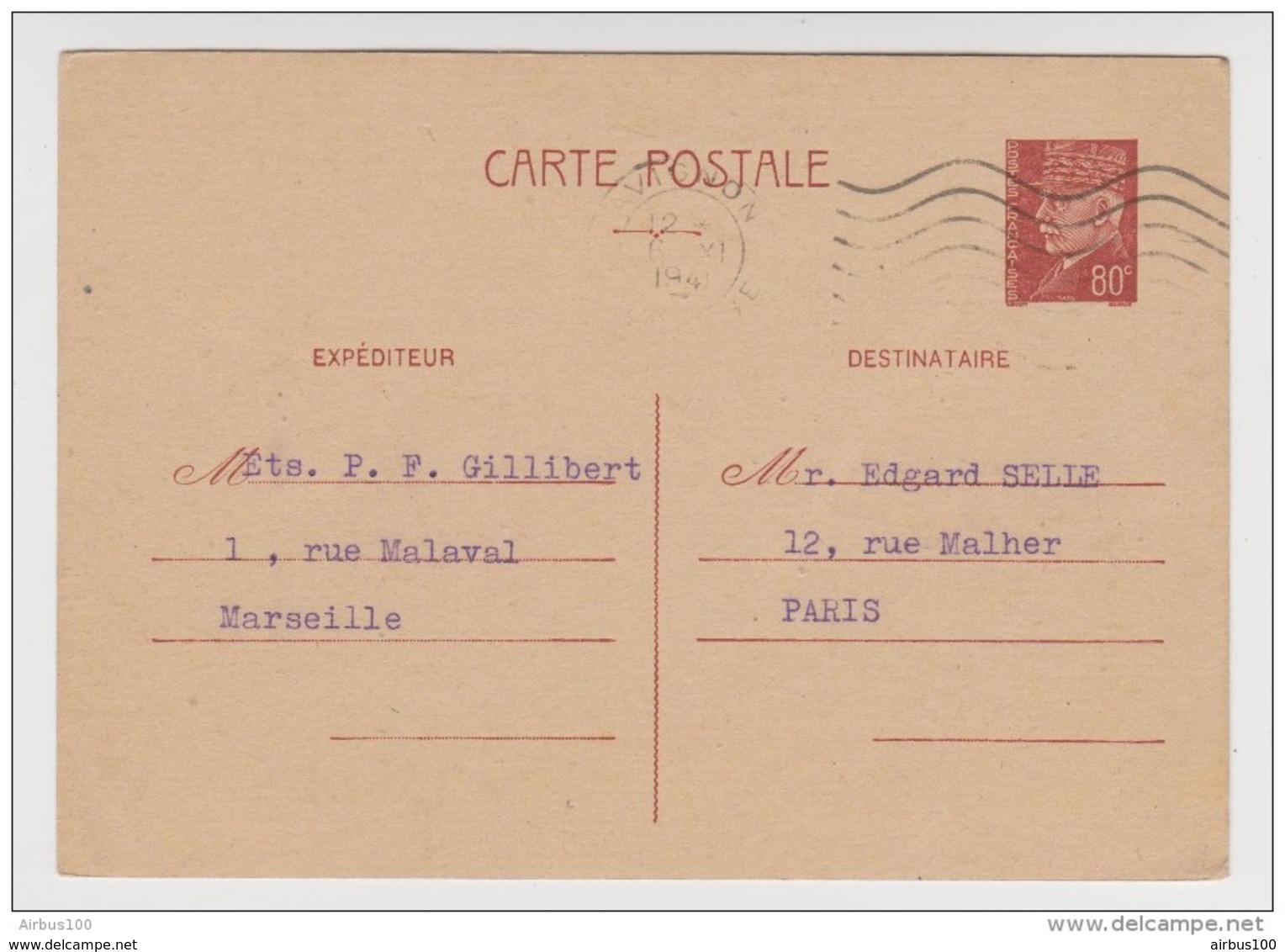CP ENTIER POSTAL TYPE PÉTAIN 80 C 6 NOVEMBRE 1941 MARSEILLE → RUE MALHER PARIS - 2 Scans - - Cartes Postales Types Et TSC (avant 1995)