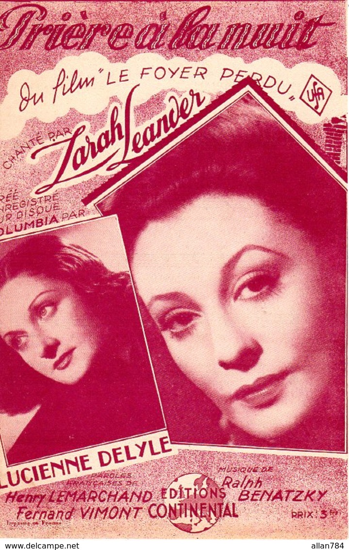 PARTITION ZARAH LEANDER - PRIERE A LA NUIT - 1943 - EXCELLENT ETAT - - Autres & Non Classés