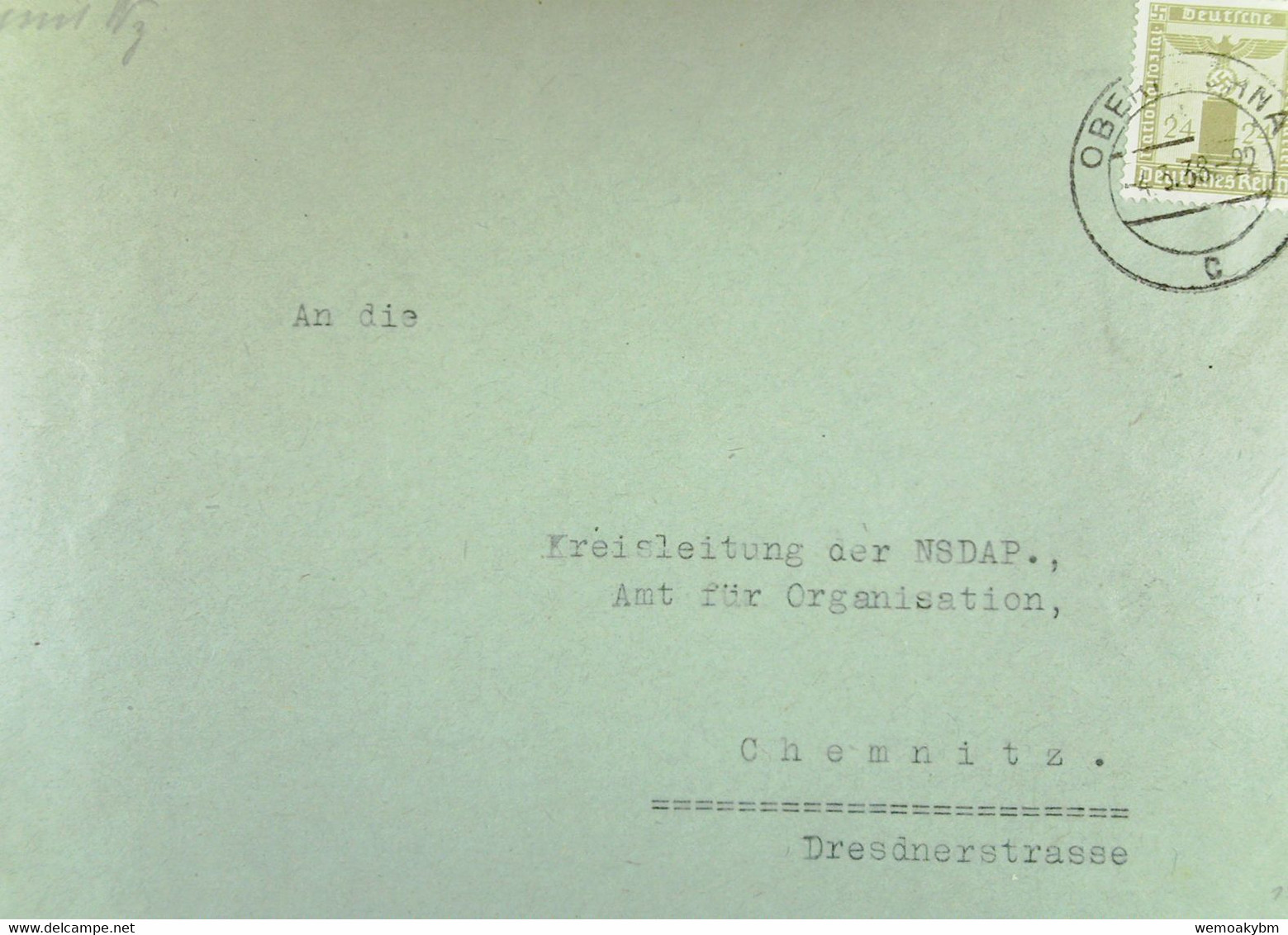 DR 33-45: Doppel-Fern-Brief Mit Parteidienstmarke 24 Pfg. OSt. OBERFROHNA Vom 4.3.38  Knr: 152 Rs. NSDAP - Dienstmarken