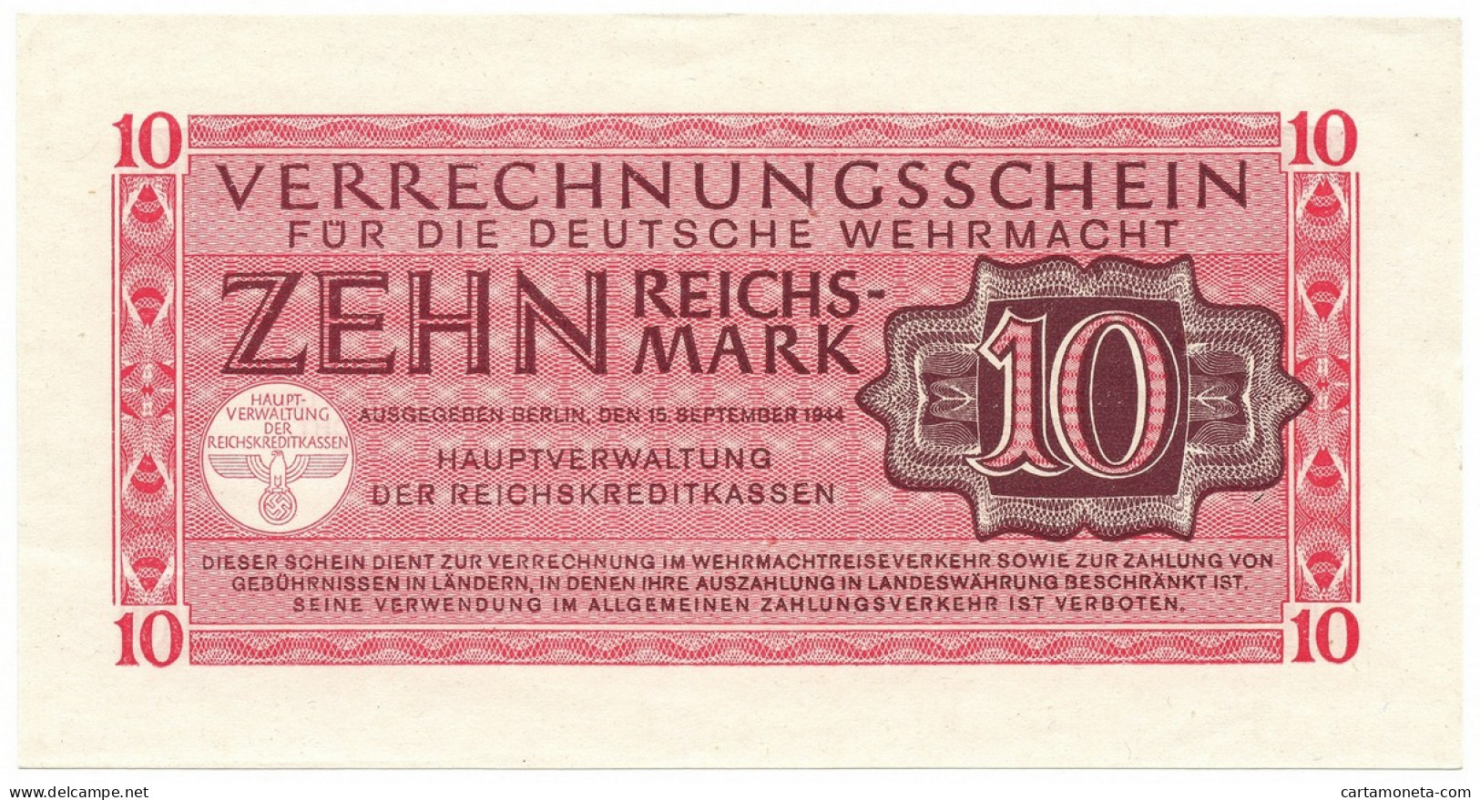 10 REICHSMARK VERRECHNUNGSSCHEIN FUR DEUTSCHE WERMACHT BERLIN 15/09/1944 SUP+ - 2. WK - Alliierte Besatzung