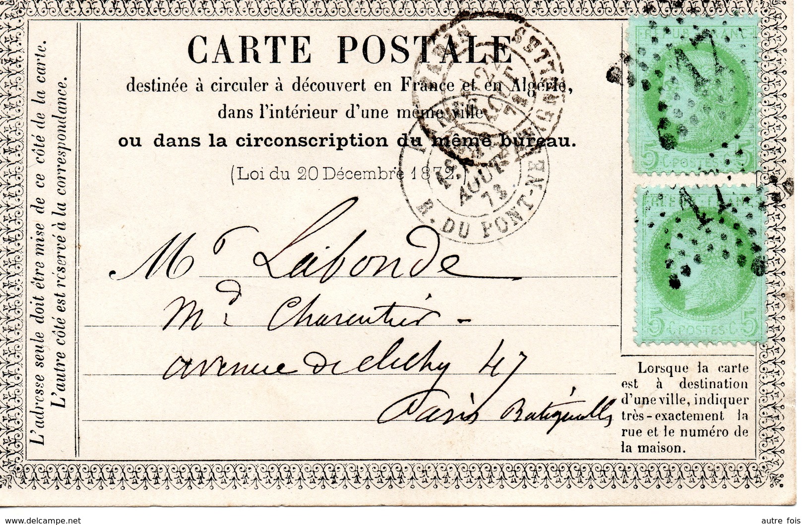 5c  Cérès Sur Carte Postale Postée En Août 1873  Bureau Parisien N° 17 --- Y&T N° 53 - 1871-1875 Ceres