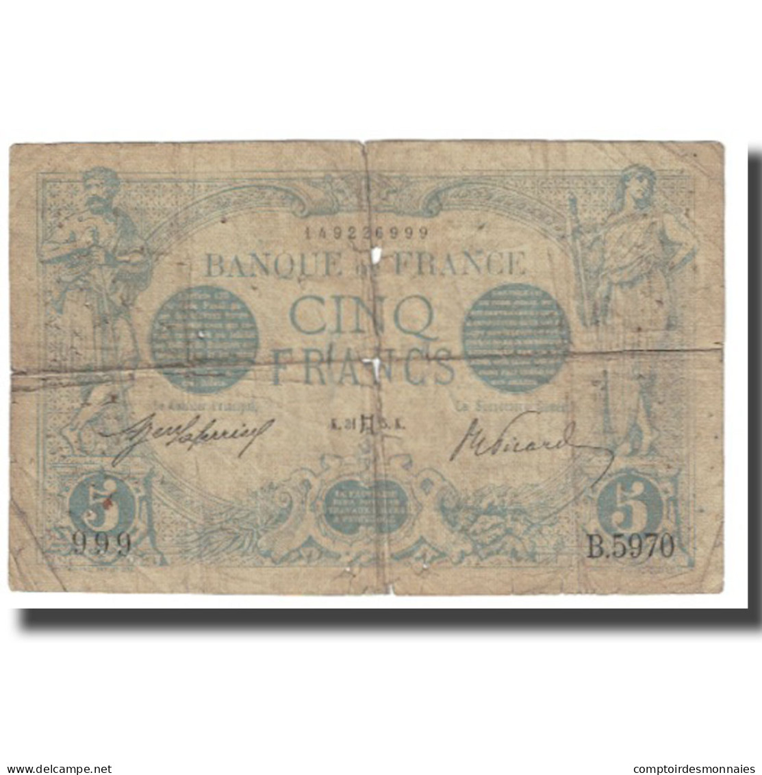 France, 5 Francs, Bleu, 1915, E.Picard-J.Laferrière, B, Fayette:2.27, KM:70 - 5 F 1912-1917 ''Bleu''