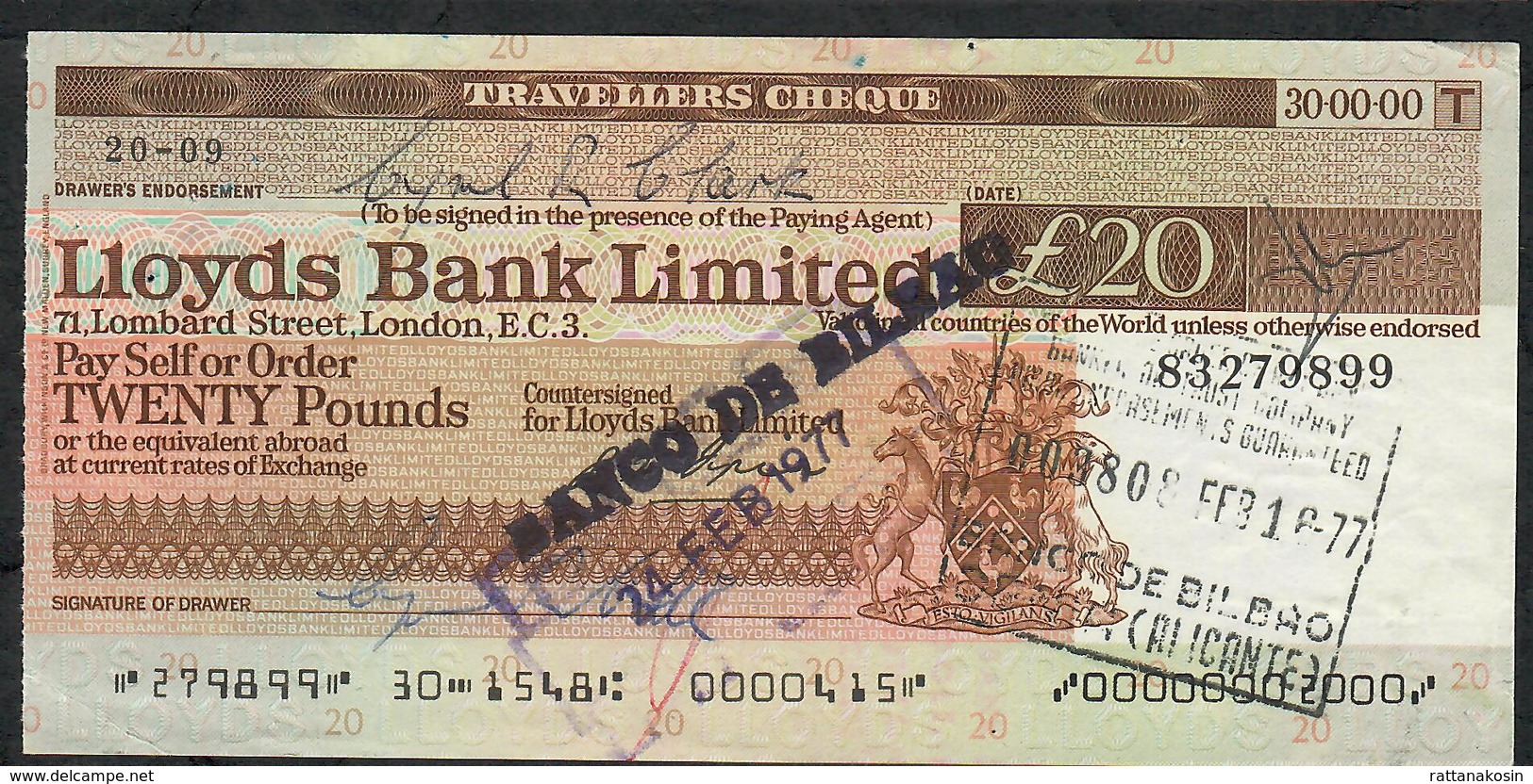 TRAVELLER'S CHEQUE LLOYDS 20 POUNDS 1977  AU - Autres & Non Classés