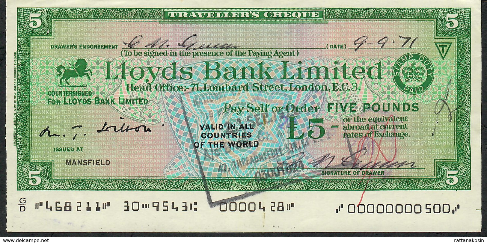 TRAVELLER'S CHEQUE LLOYDS 5 POUNDS 1971  AU - Otros & Sin Clasificación