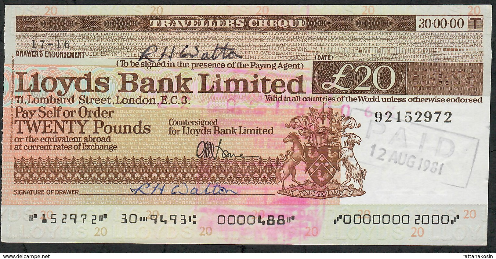 TRAVELLER'S CHEQUE LLOYDS 20 POUNDS 1981  AU - Altri & Non Classificati