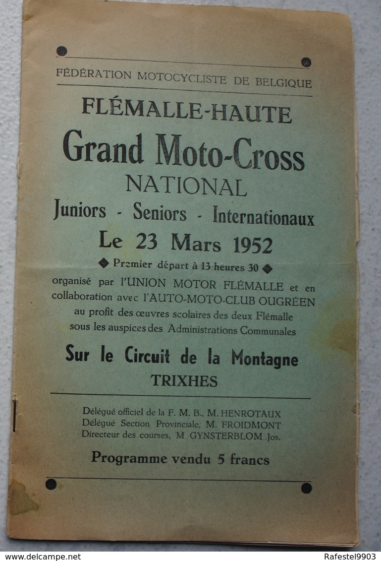 Programme Course Moto Cross National FLEMALLE HAUTE 23 Mars 1952 Circuit De La Montagne Trixhes Puub Austin 7HP - Programma's