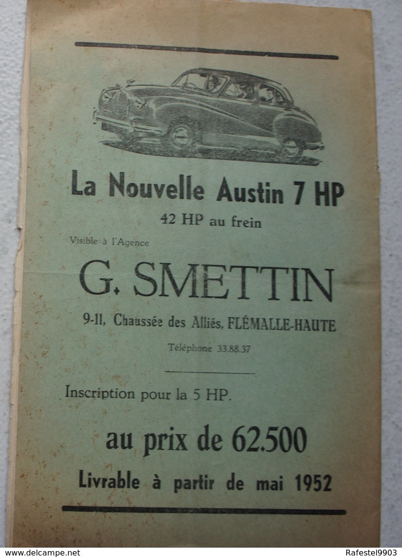 Programme Course Moto Cross National FLEMALLE HAUTE 23 Mars 1952 Circuit De La Montagne Trixhes Puub Austin 7HP - Programmes