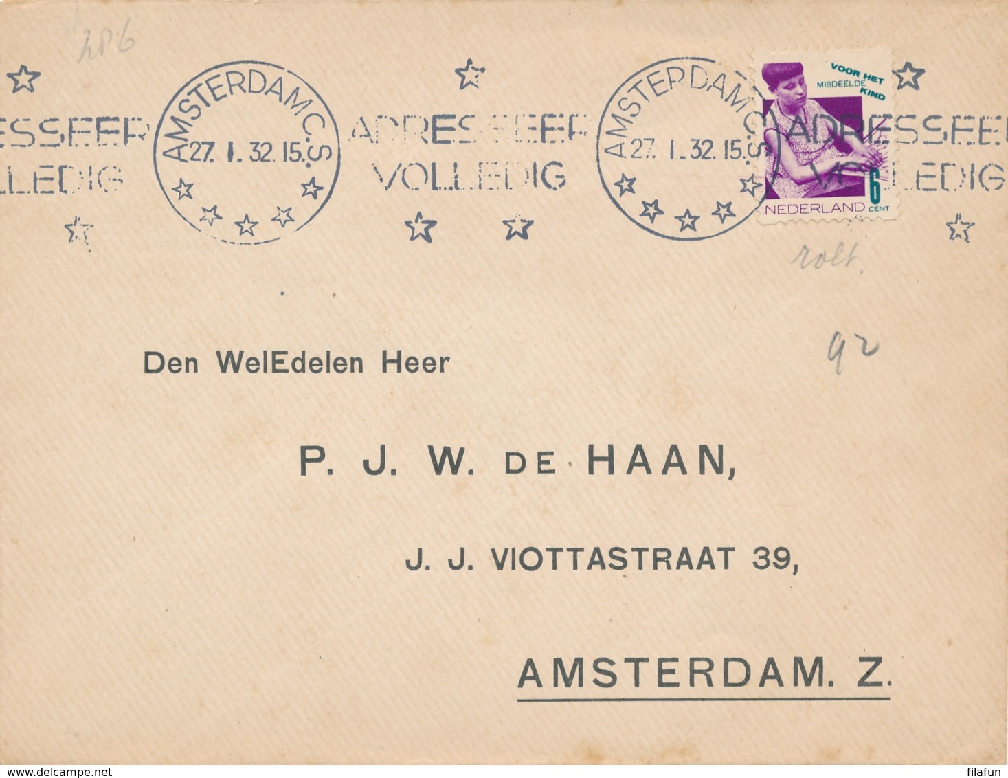 Nederland - 1932 - 6 Cent Kind - Roltanding R92 - Enkelfrankering Op Cover Lokaal Amsterdam - Lettres & Documents