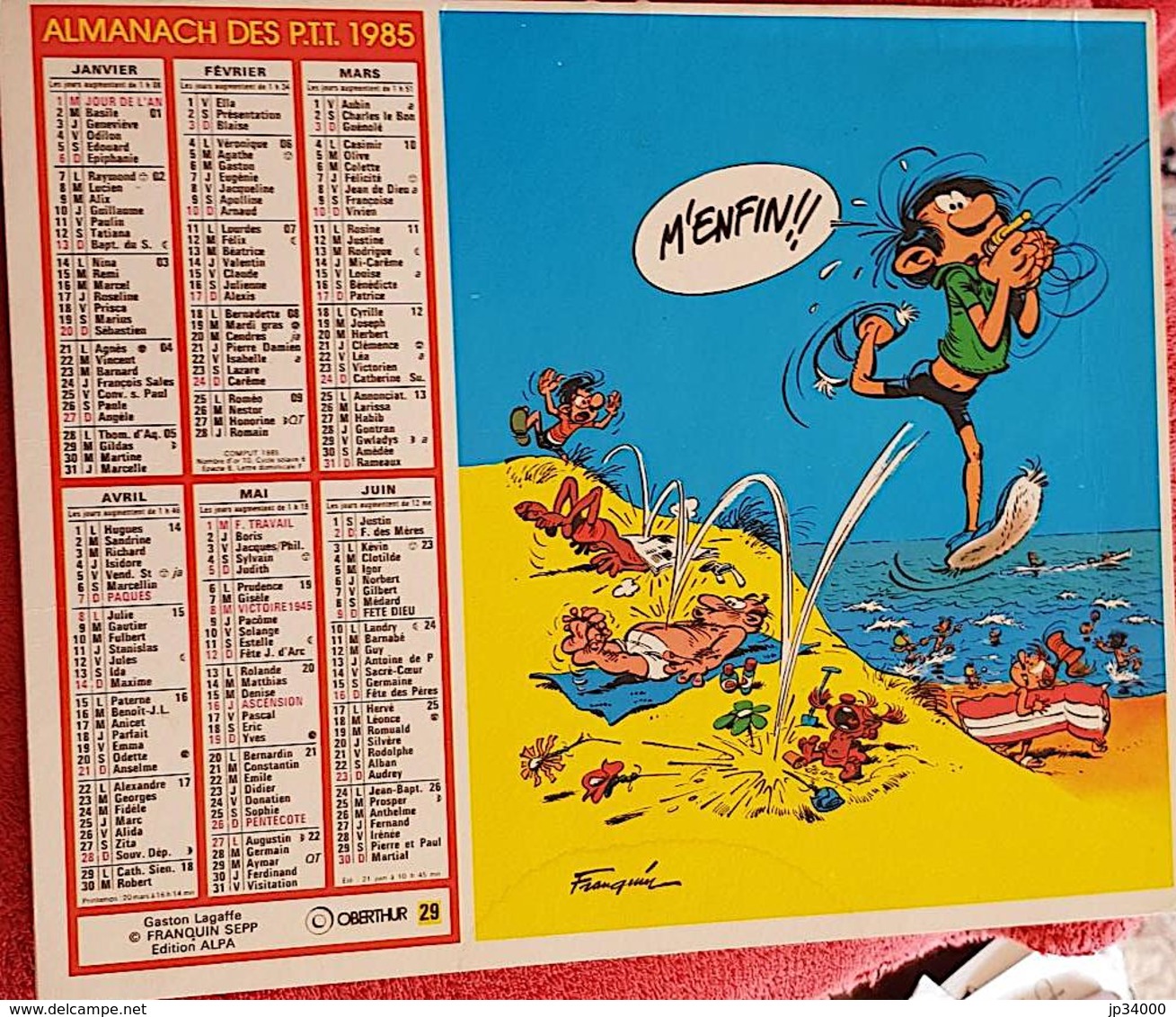 FRANQUIN. Gaston Lagaffe. Almanach Des P.T.T. 1985. Calendrier. Oberthur. Avec Carte Centrale.Recto / Verso Illustré - Agendas & Calendarios