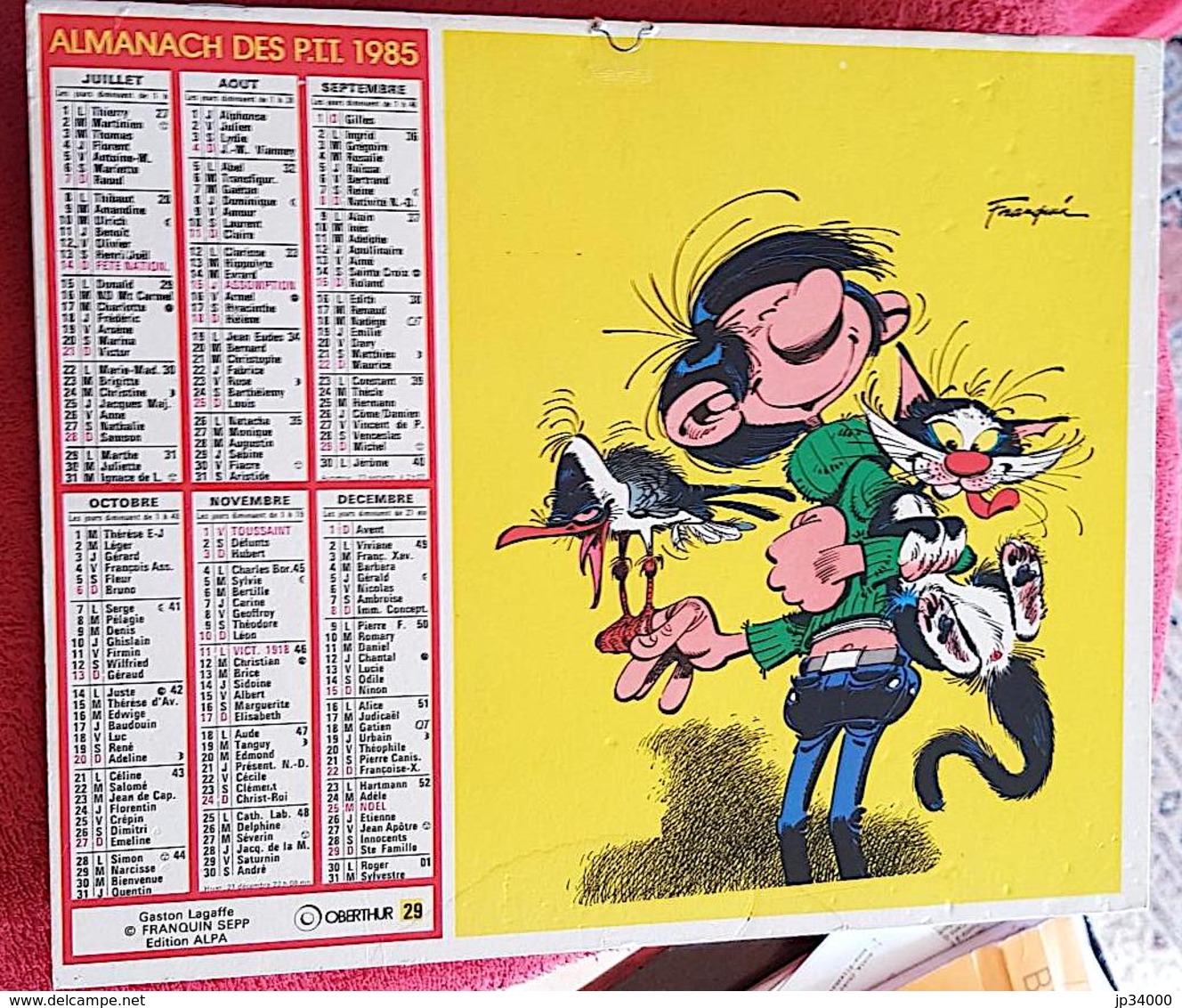 FRANQUIN. Gaston Lagaffe. Almanach Des P.T.T. 1985. Calendrier. Oberthur. Avec Carte Centrale.Recto / Verso Illustré - Agendas & Calendarios