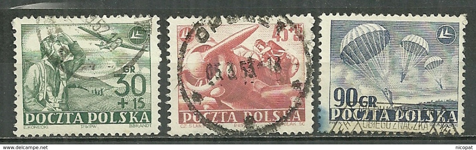 POLAND Oblitéré 675-77 Journée De L'aviation Vol à Voile, à Moteur Parachutisme Parachute - Used Stamps