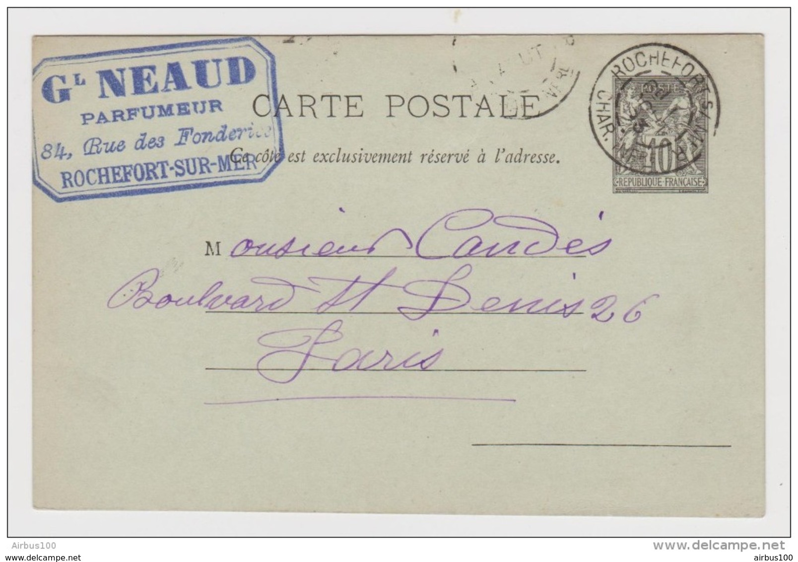 CP ENTIER POSTAL TYPE SAGE 10 C CAD ROCHEFORT SUR MER 1er AOÛT 1893 VERS PARIS TAMPON NEAUD PARFUMEUR - 2 Scans - - Standard- Und TSC-AK (vor 1995)