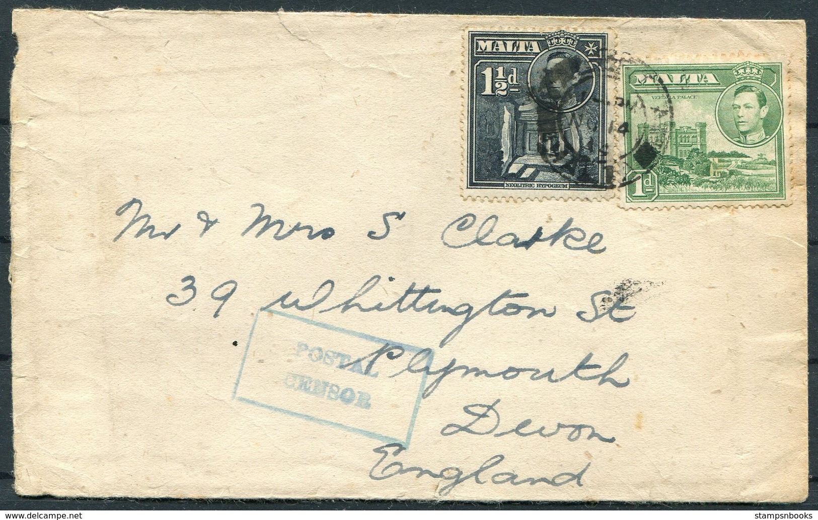 1944 Malta Valletta Cover - Plymouth Devon. Civilian Postal Censor - Malta