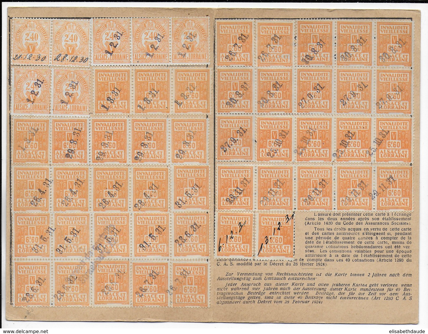 ALSACE - 1930 - SOCIAL-FISCAL D'ALSACE LORRAINE Sur CARTE-QUITTANCE INVALIDITE-VIEILLESSE De STRASBOURG - Briefe U. Dokumente