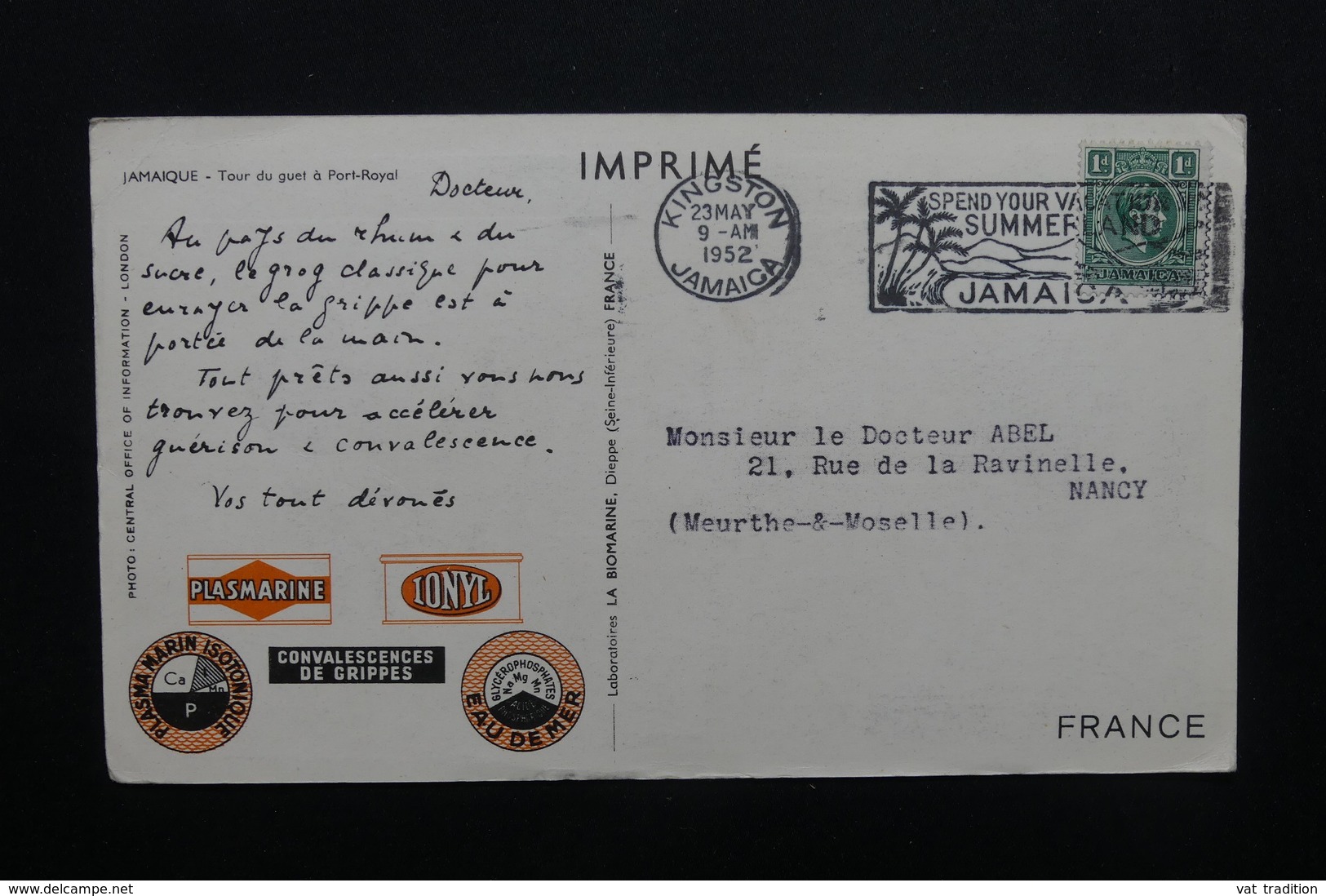 JAMAÏQUE - Carte Publicitaire( Biomarine De Dieppe ) Pour La France En 1952, Affranchissement Plaisant - L 48915 - Jamaica (...-1961)