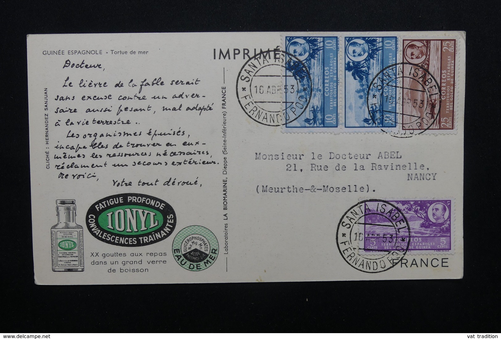FERNANDO POO - Carte Publicitaire ( Biomarine De Dieppe ) Pour La France En 1953, Affranchissement Plaisant - L 48921 - Fernando Po