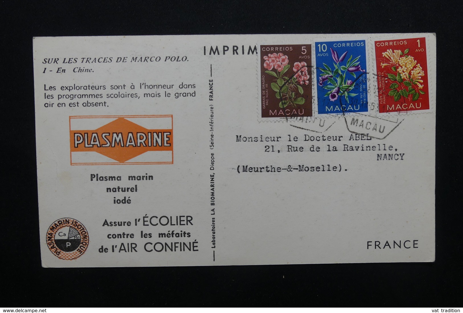MACAO - Carte Publicitaire ( Biomarine De Dieppe ) Pour La France En 1953, Affranchissement Plaisant - L 48922 - Cartas & Documentos