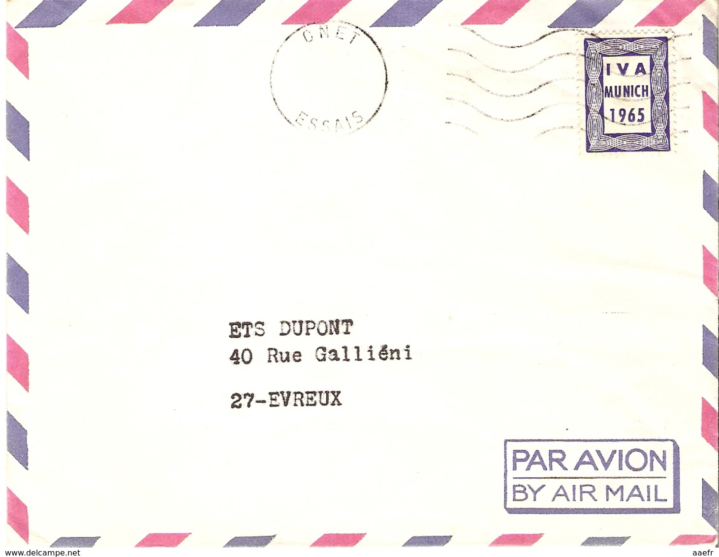 France 1965 - RARE Vignette Expérimentale IVA Munich, Oblitération CNET Essais - Enveloppe Par Avion/By Air Mail - Autres & Non Classés