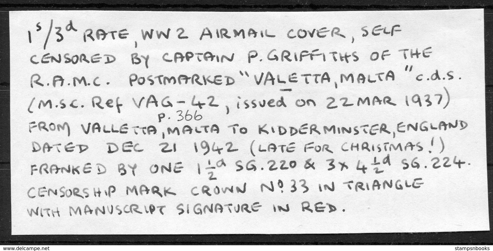 1942 Malta Valletta 1s 3d Rate Airmail Censor Cover - Fairfield House, Kidderminster England. - Malta