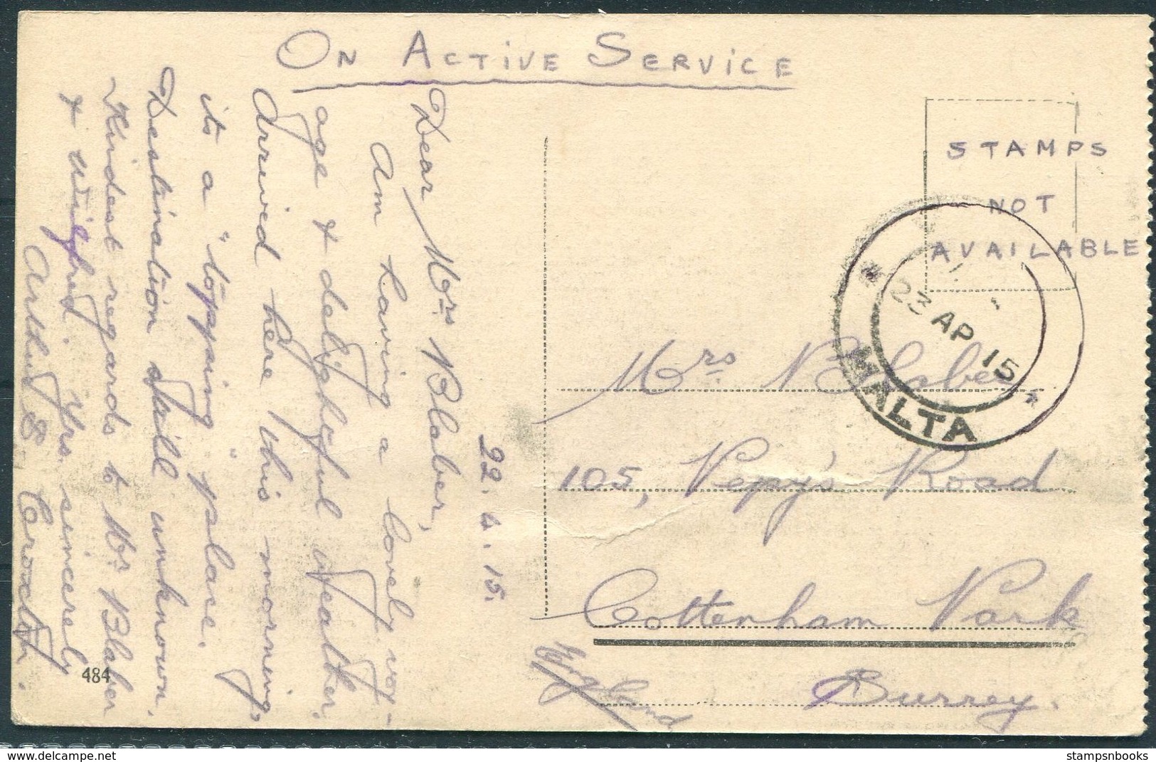 1915 Malta Armoury Postcard O.A.S. On Active Service - Cottenham Park, Surrey - Malta