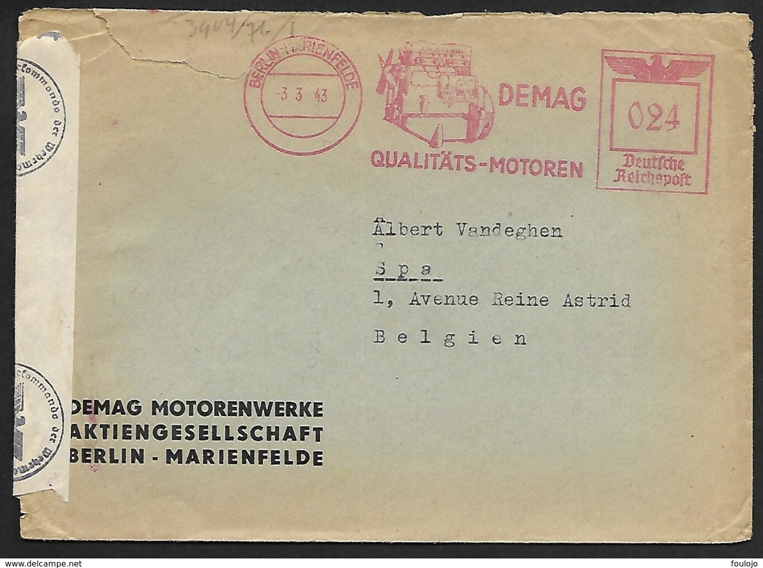 Lettre Avec Affranchissement Mécanique 0.24 Deutsche Reichspost Avec Flamme DEMAG De Berlin Marienfeld Vers Spa (lot 815 - Briefe U. Dokumente