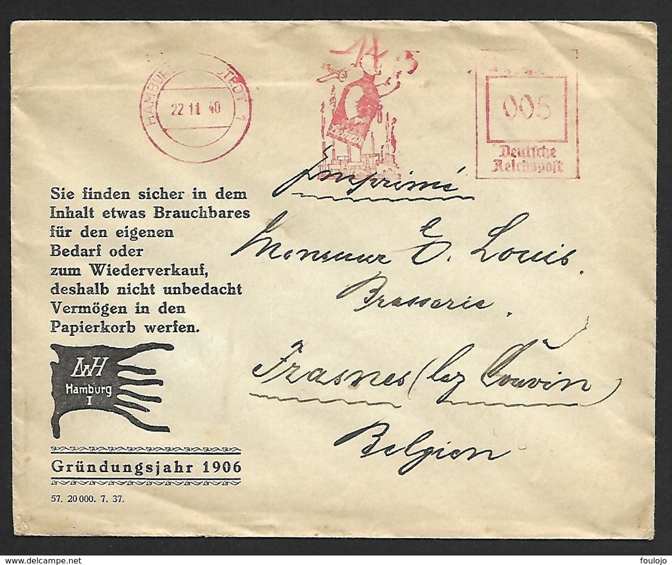 Lettre Affranchissement Mécanique 0.05 Deutsche Reichspost + Flamme Lieoicin ? De Hamburg Norderstedt > Frasnes (lot 816 - Briefe U. Dokumente