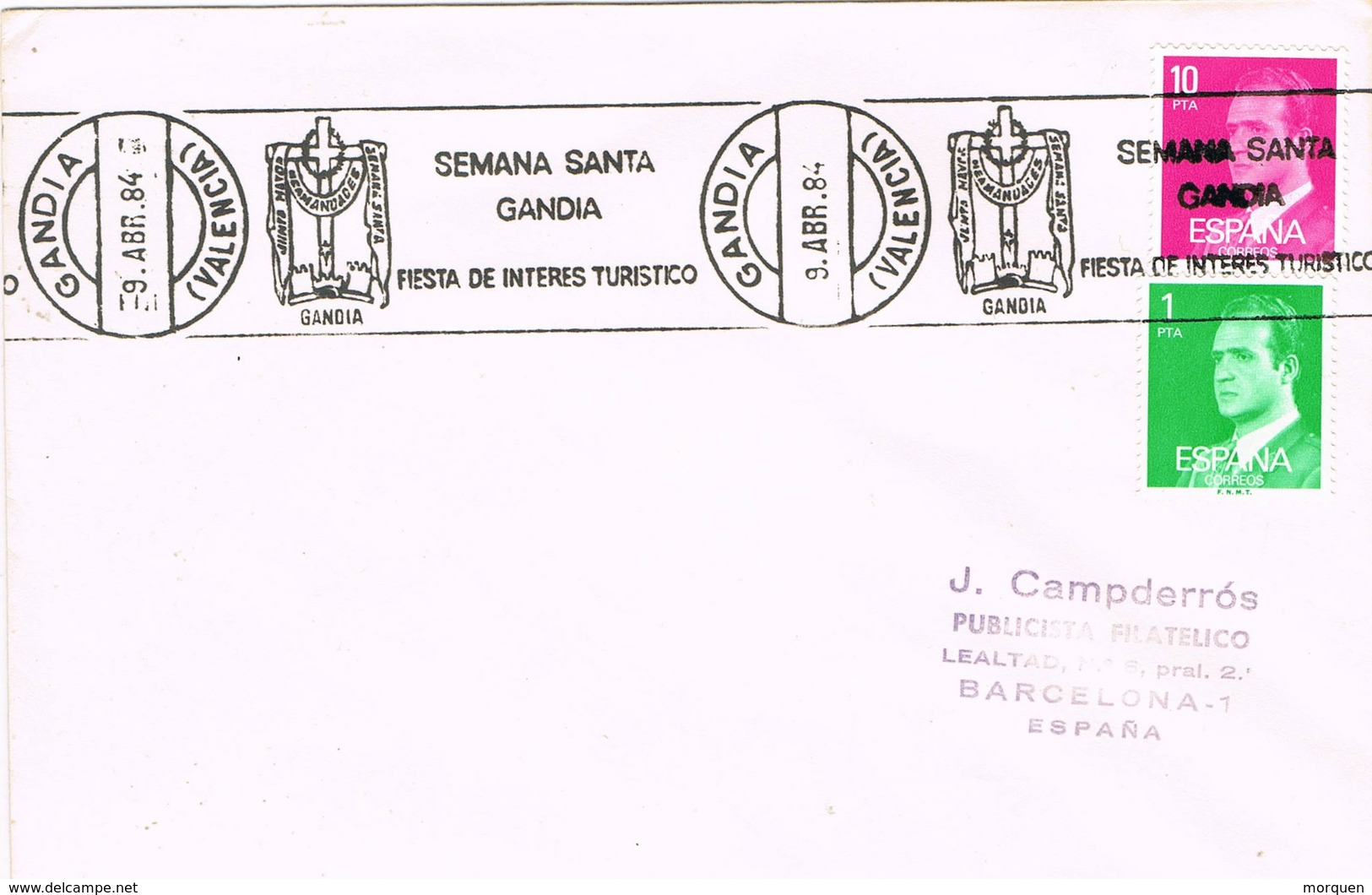 34897. Carta GANDIA (Valencia) 1984. Rodillo Especial SEMANA SANTA - Cartas & Documentos