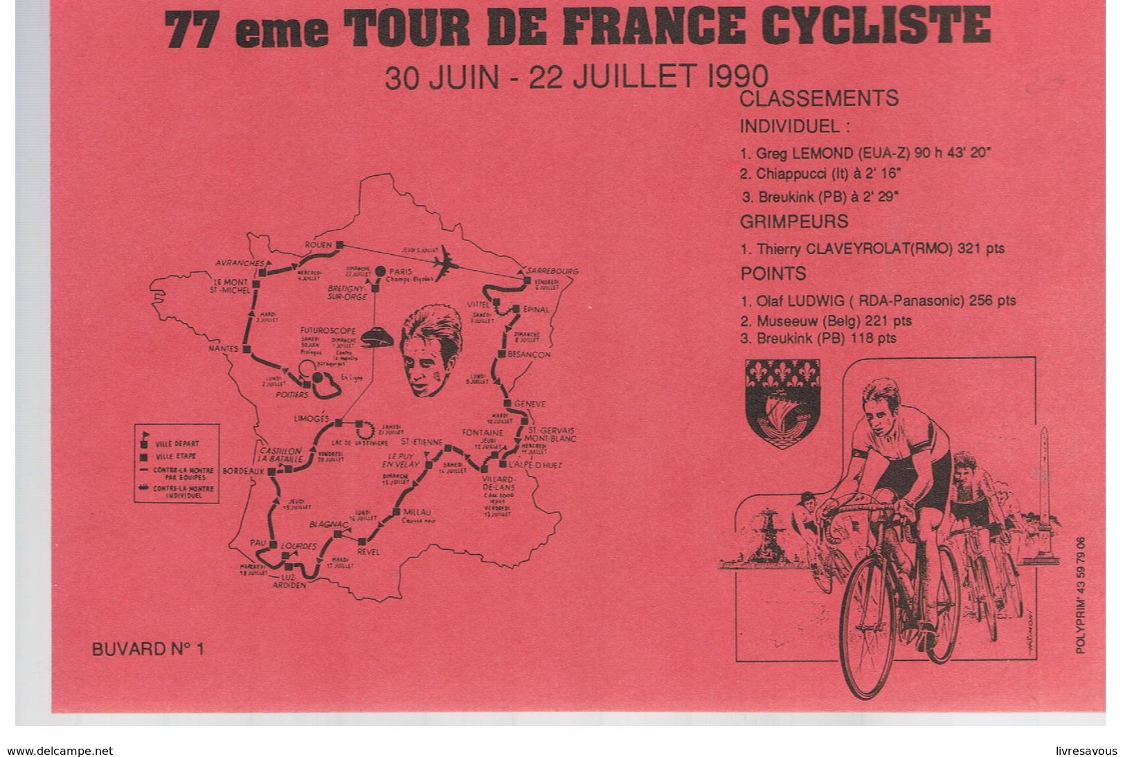 Buvard 77 ème Tour De France Cycliste 30 Juin-22 Juillet 1990 - Deportes