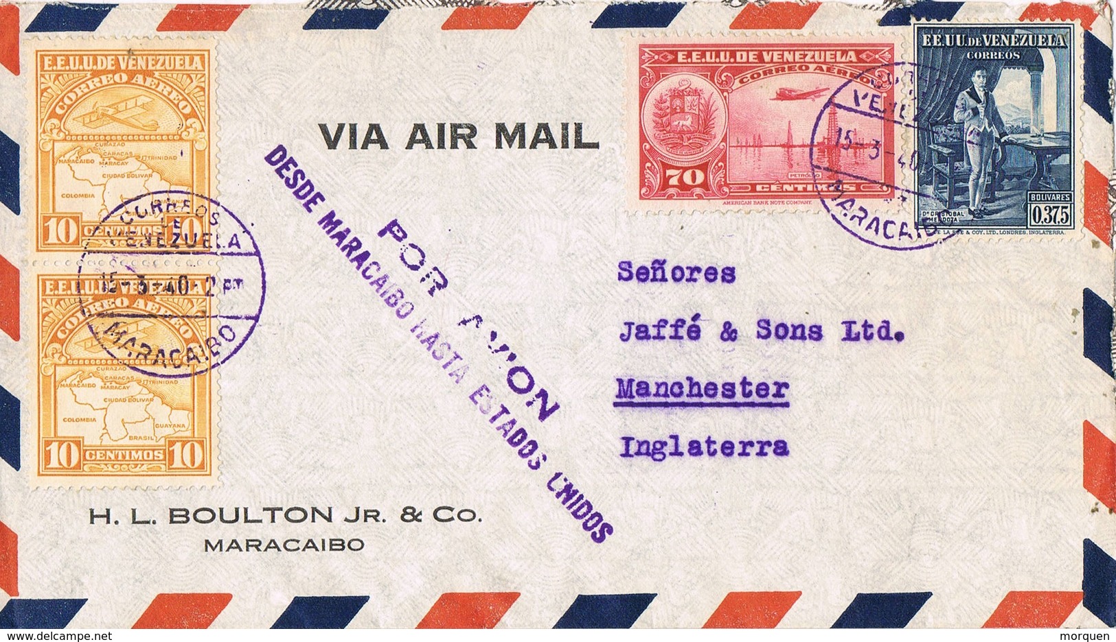 34901. Carta Aerea MARACAIBO (Venezuela) 1940. Por Avion Hasta Estados Unidos - Venezuela