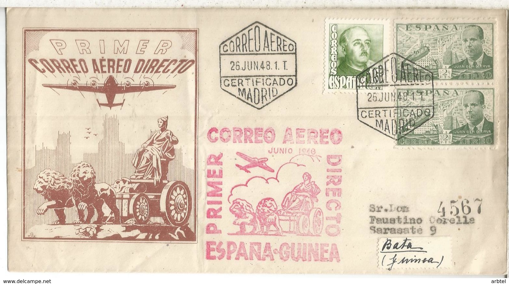 MADRID CC CERTIFICADA 1948 PRIMER CORREO DIRECTO ESPAÑA GUINEA AL DORSO LLEGADA BATA - Cartas & Documentos