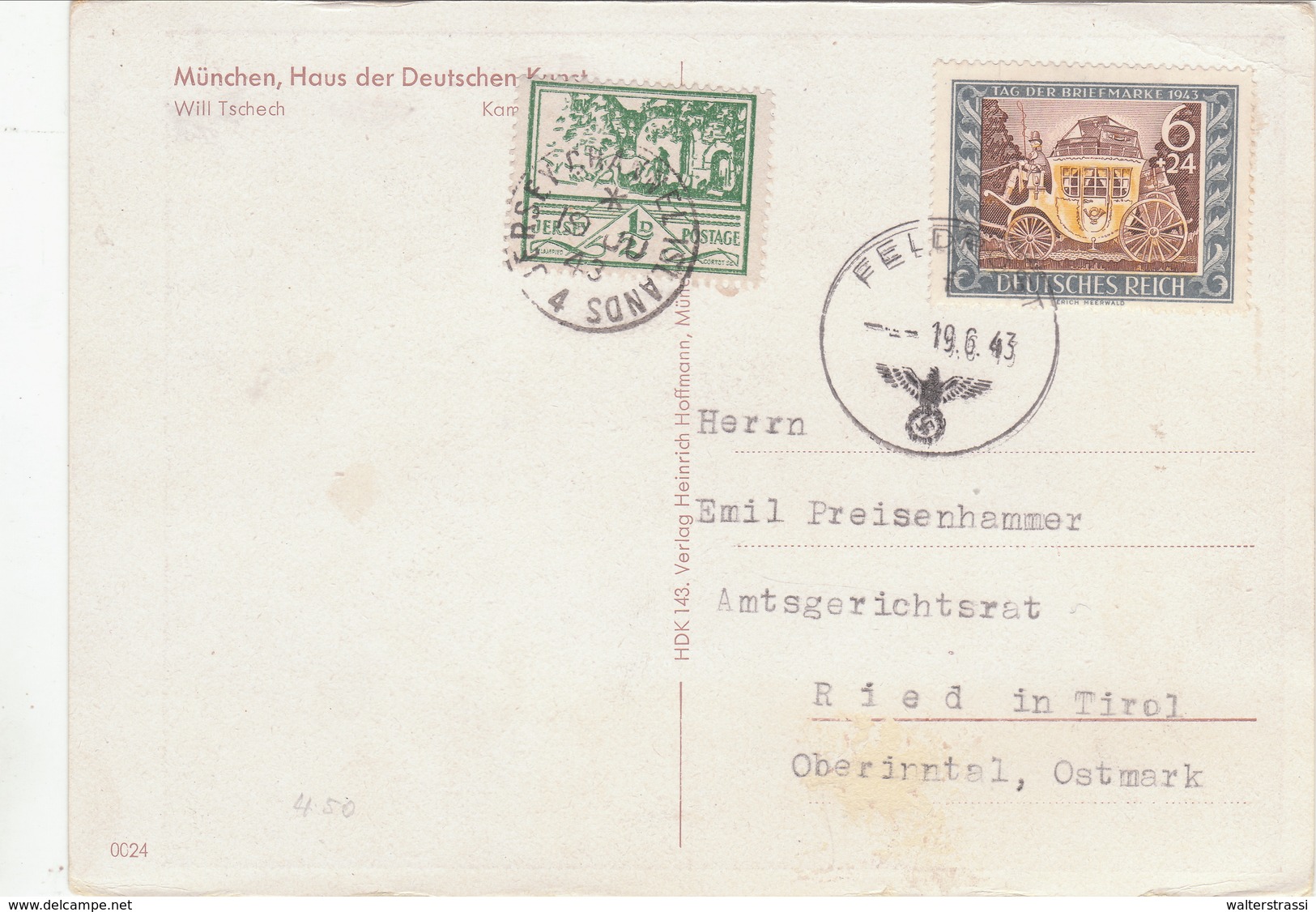 III. Reich, HAUS DER DEUTSCHEN KUNST  Karte  Mischfrankatur Mit Jersey ! Feldpost Nach Ried / Tirol - War 1939-45