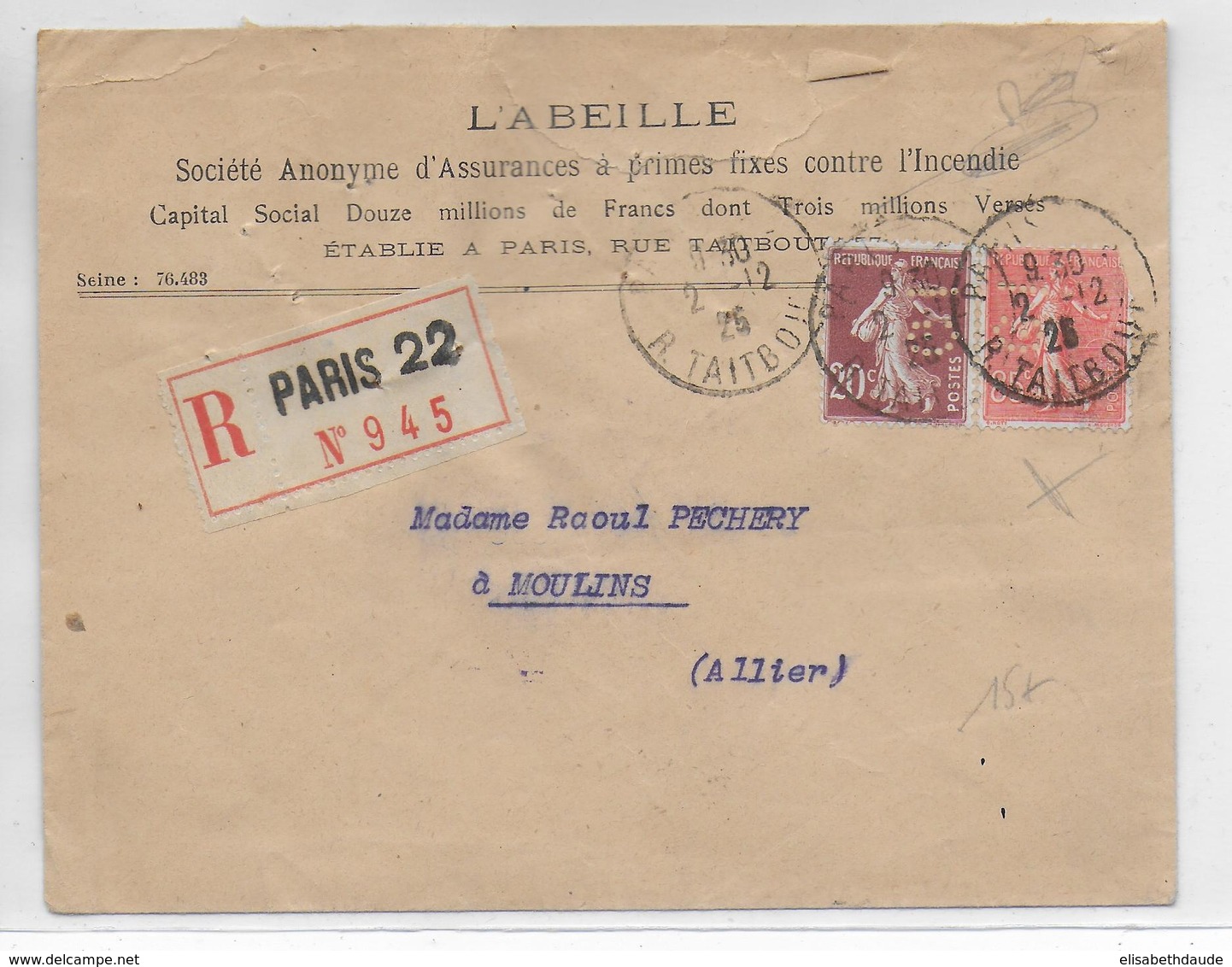 1925 - PERFORE SEMEUSE Sur ENVELOPPE COMMERCIALE "L'ABEILLE" RECOMMANDEE De PARIS - Sonstige & Ohne Zuordnung