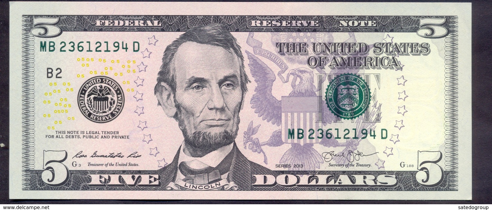 USA 5 Dollars 2013 B  - UNC # P- 539 < B - New York NY > - Bilglietti Della Riserva Federale (1928-...)