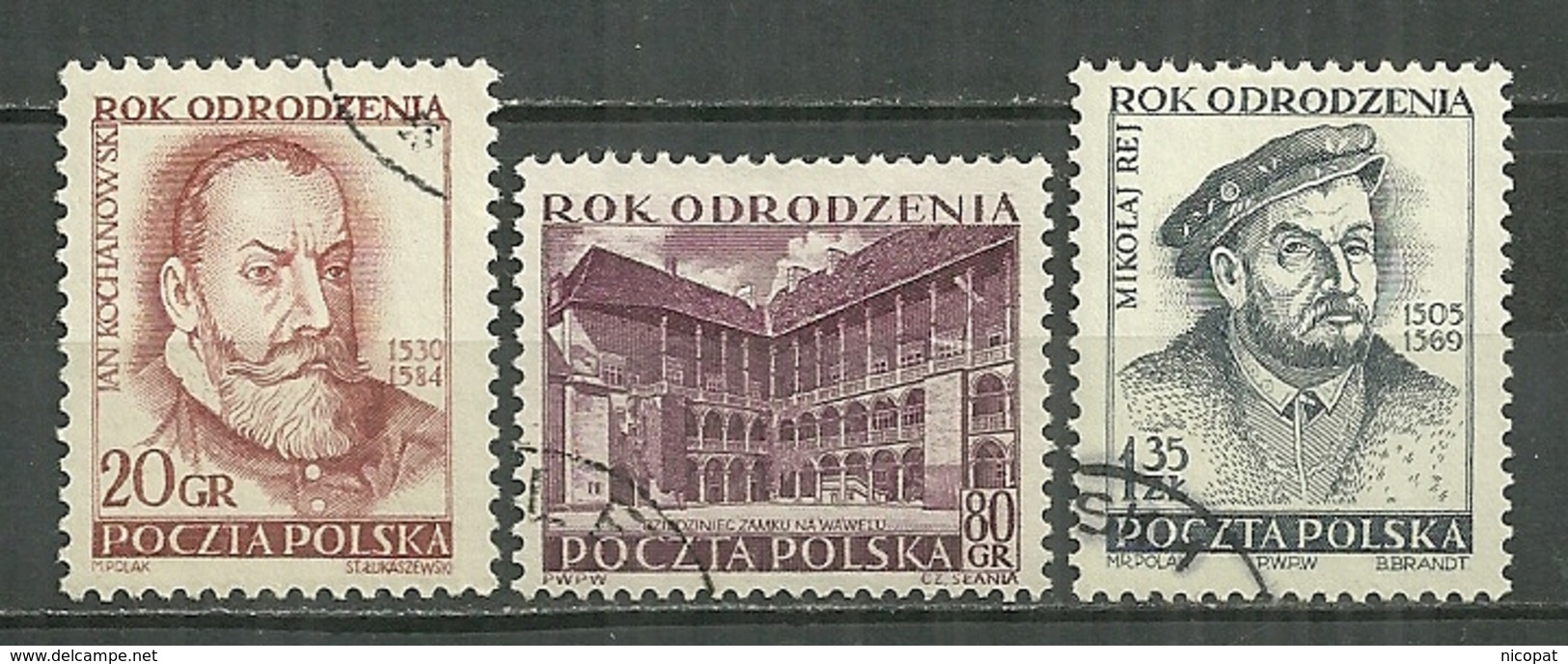 POLAND Oblitéré 723-725 Anniversaire De La Renaissance Jan Kochanowski Cour Chateau Wavel Cracovie Mikolaj Rej écrivain - Used Stamps