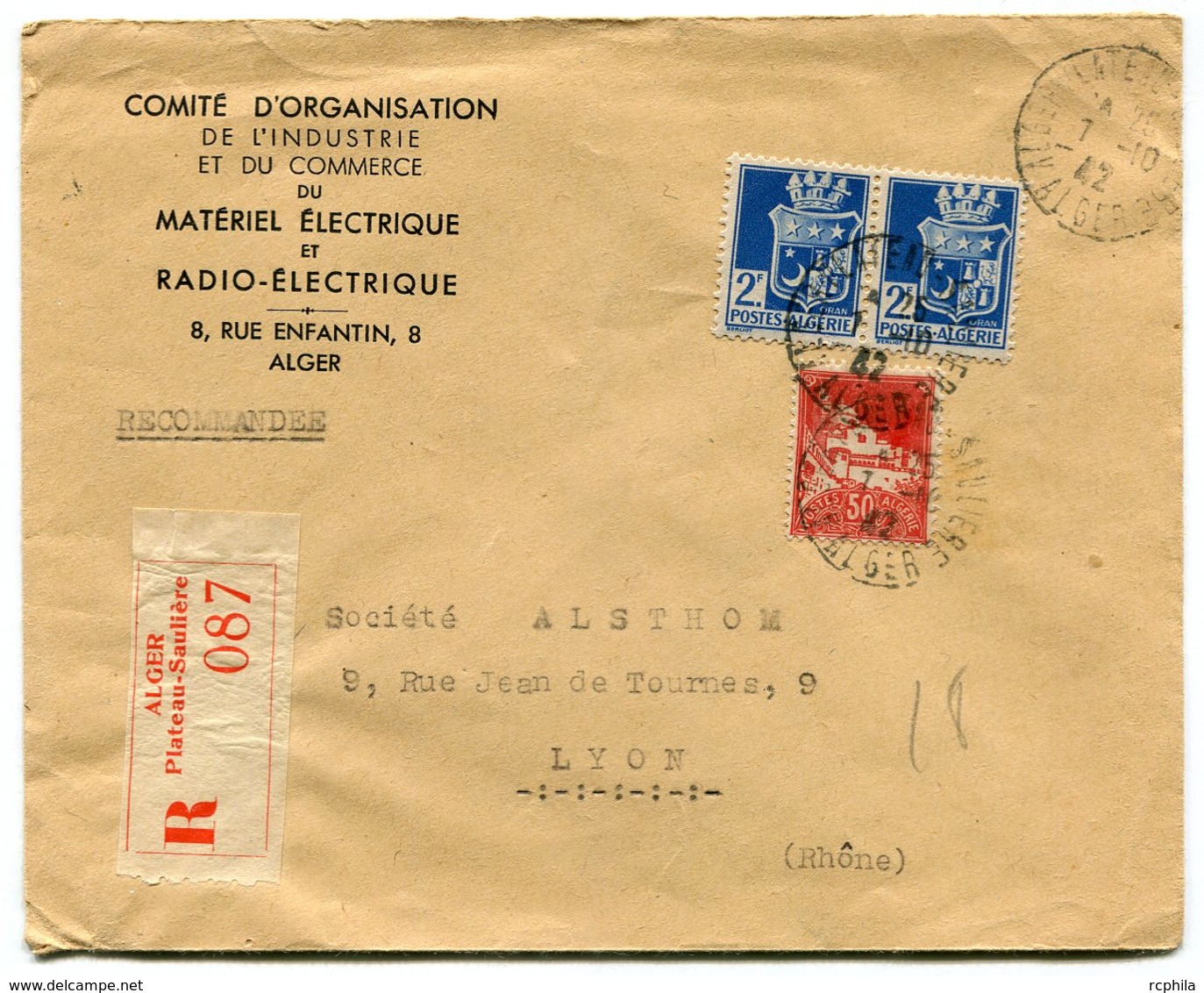 RC 14812 ALGERIE 1942 ALGER PLATEAU - SAULIÈRE LETTRE RECOMMANDÉE POUR LA FRANCE  TB - Lettres & Documents