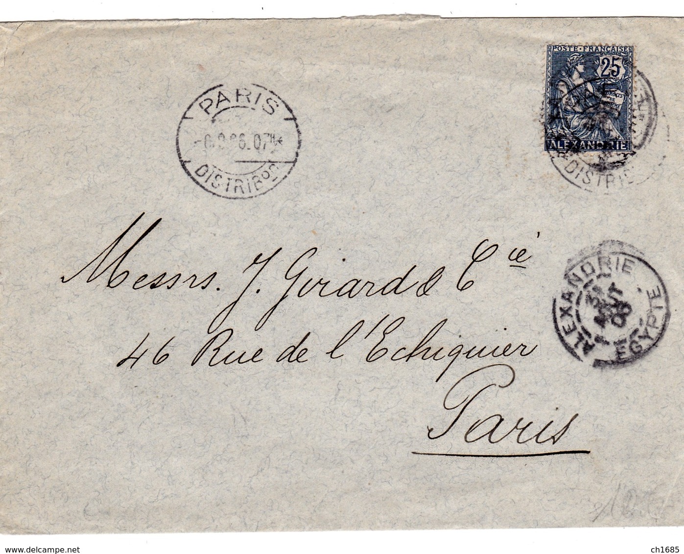 ALEXANDRIE :  Mouchon  25c Bleu Sur Lettre Pour Paris CaD D'Alexandrie De 1906 - Lettres & Documents