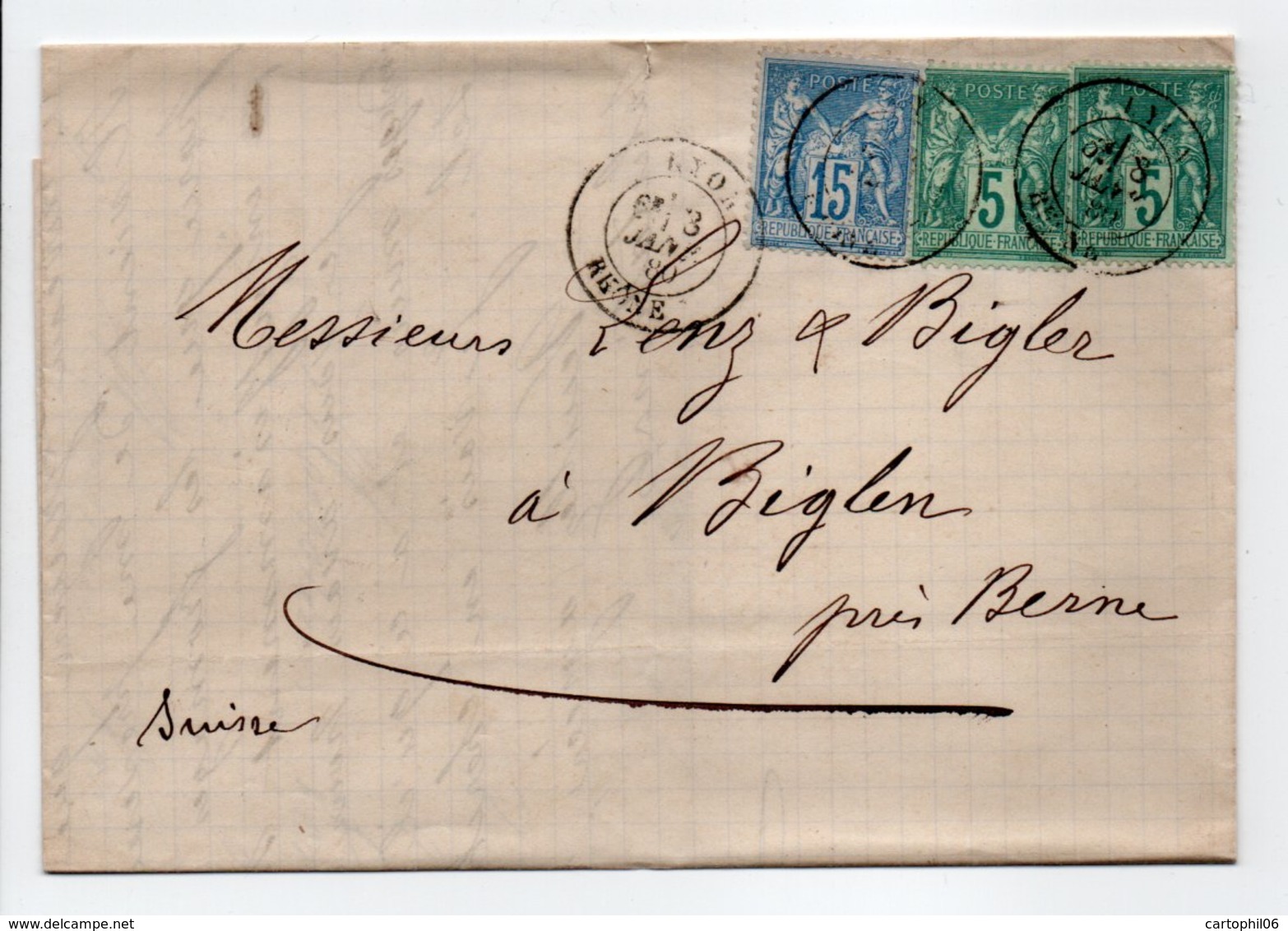 - Lettre LYON Pour BIGLEN Via BERN (Suisse) 8 JANV 1880 - Bel Affranchissement Type Sage - - 1877-1920: Période Semi Moderne