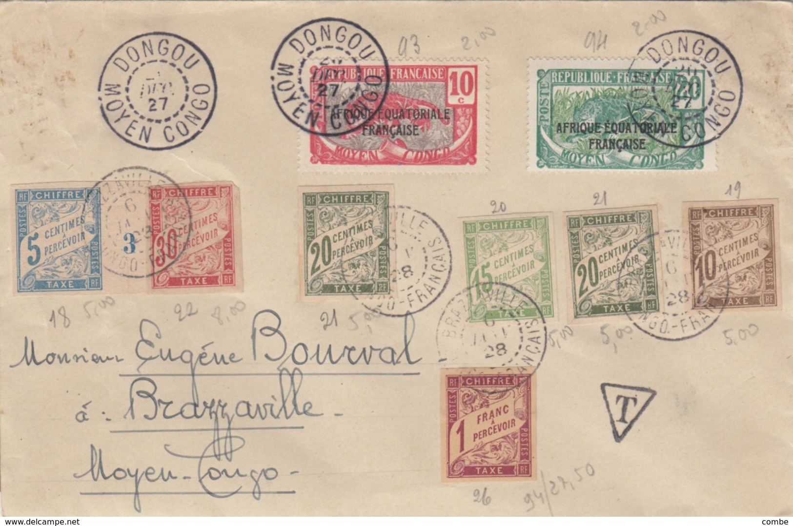 LETTRE. AEF. DONGOU MOYEN-CONGO LE 20 DEC 1927. BRAZZAVILLE LE 6 JANV 1928. BELLE SERIE DE TAXE / 2 - Postage Due