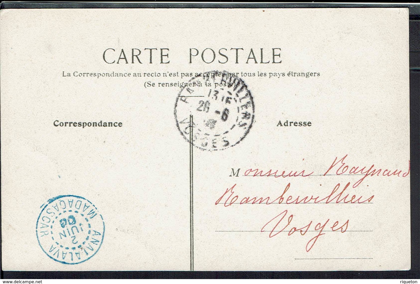 Madagascar - Correspondance De Analalava Du 2 Juin 1906 Sur CPA "Village Indigène.." Pour Rambervillers (Fr) B/TB - - Lettres & Documents