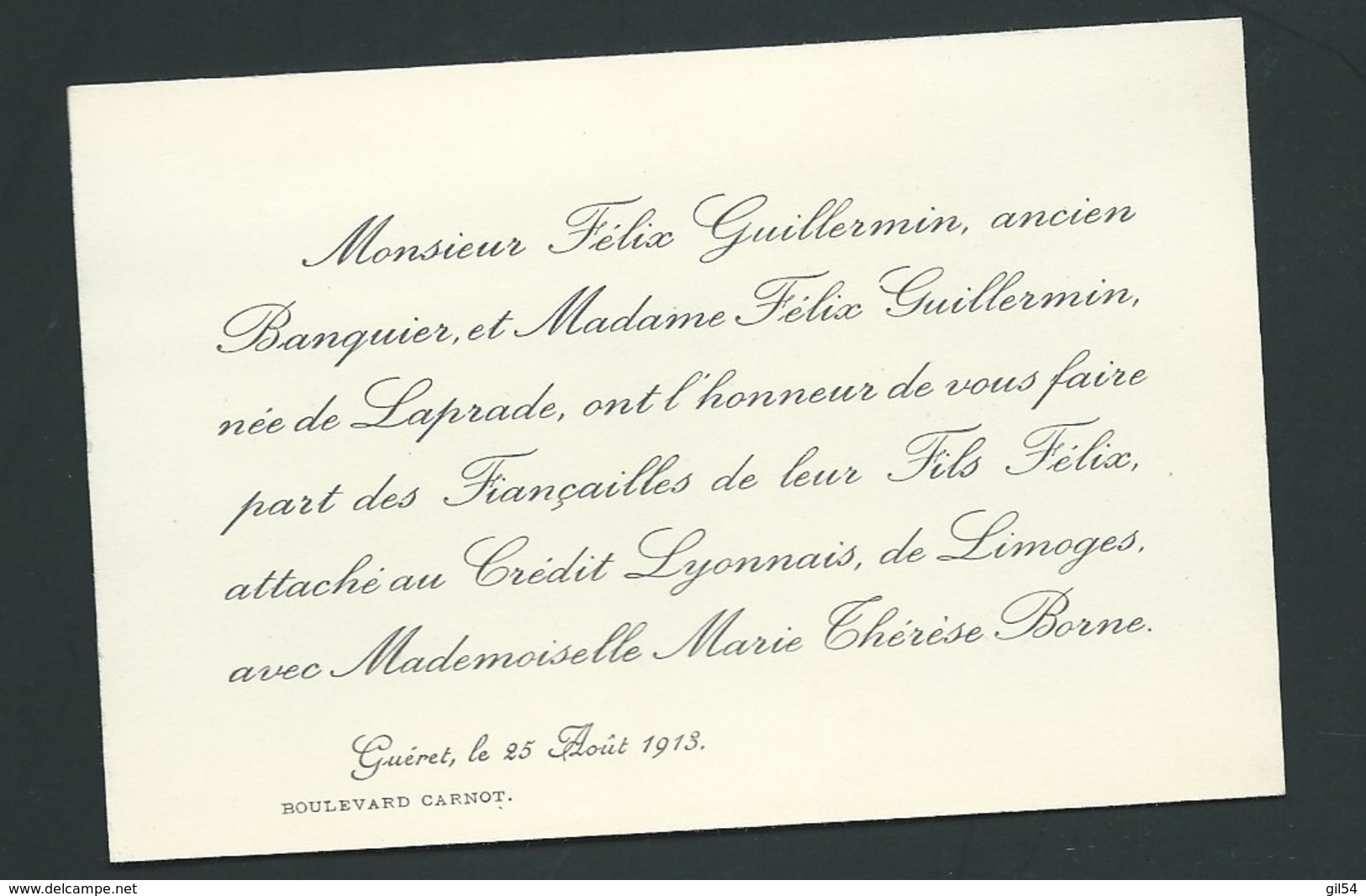 F.p. Fiançailles De Felix Guillermin Avec MLL Marie Thérèse Borne  à Guéret Le 25/08/1913 Bpho2719 - Engagement